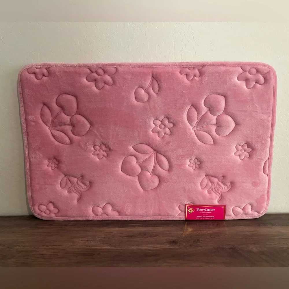 Juicy Couture Cherry Hearts Pink Floral Print Embossed Memory Foam Bath Mat